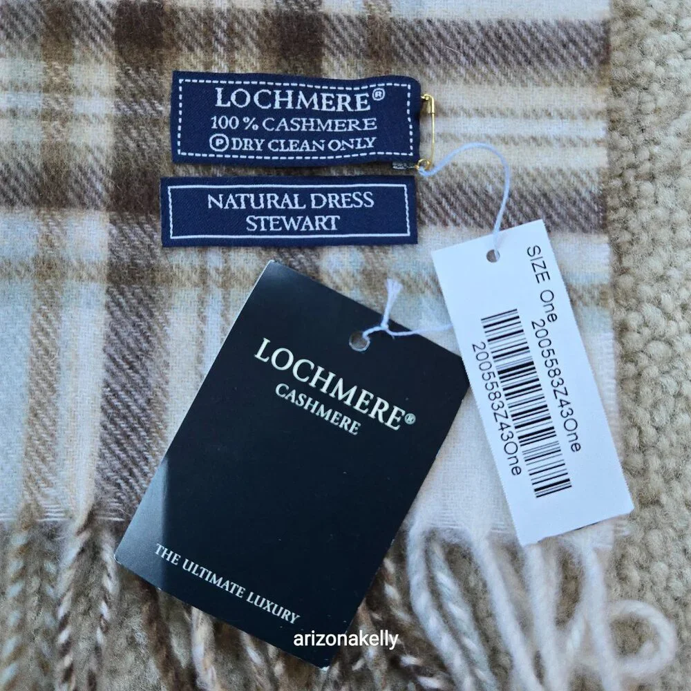 NWT Lochmere Cashmere Scarf Natural Dress Stewart Plaid Brown & Creme